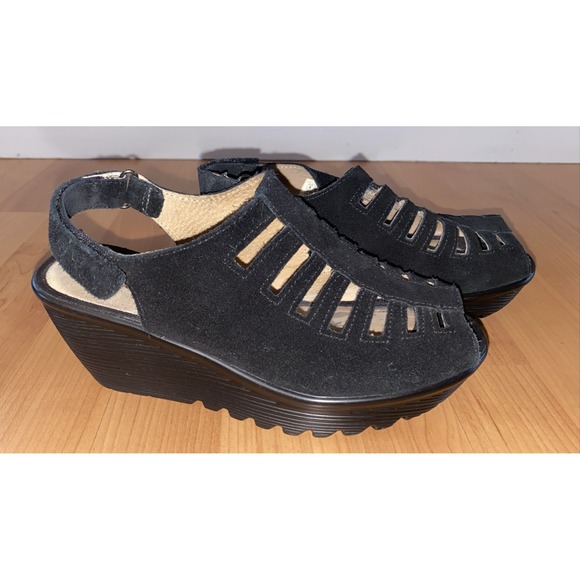 SKECHERS Parallel Trapezoid Wedge Sandal Black Size 6 Peep Toe Suede Leather - Picture 2 of 10